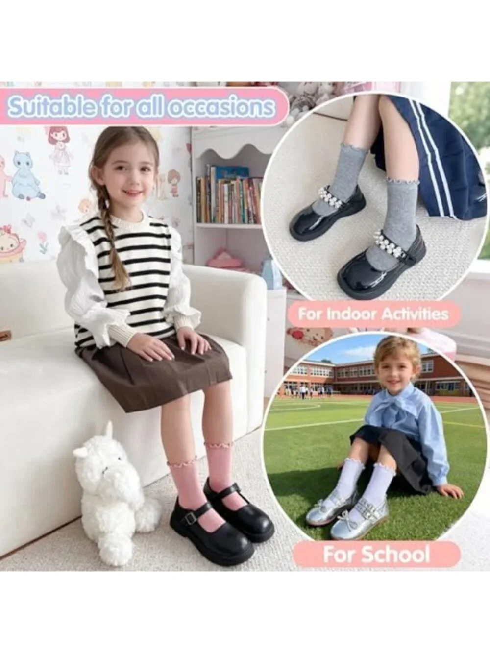 Girls Ruffle Crew Socks - 6 Pairs Frilly Cotton Uniform School Socks